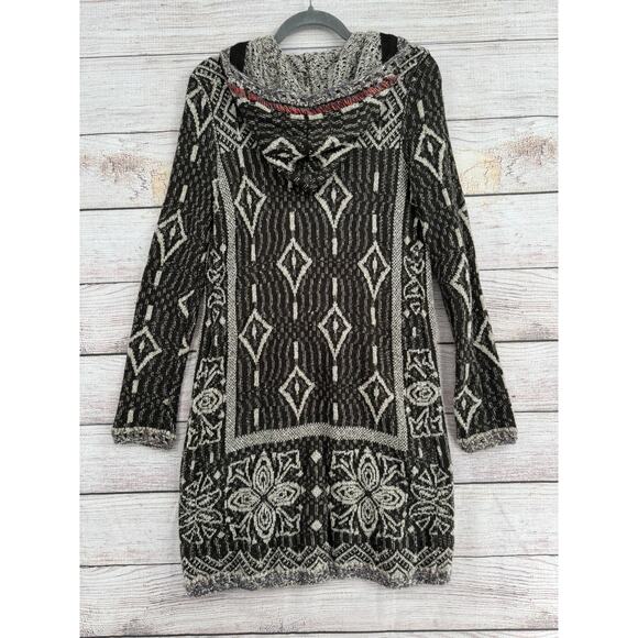 Free People Hooded Floral Tie Front Duster Cardigan Sweater Womens XS Black Gray - Picture 2 of 13